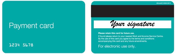 An example of what a MSD payment card looks like, showing front and back of the card.